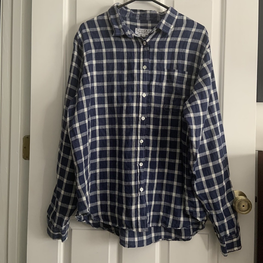 Linen Blue White Check Button up Shirt  Pkt Camixa by Celina Di Pisa Sz XXL